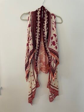 Free People Cream and Maroon Floral Draped Vest